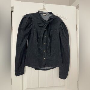 Women's Dark Blue/Black Denim Like Top with Bow Detail size small